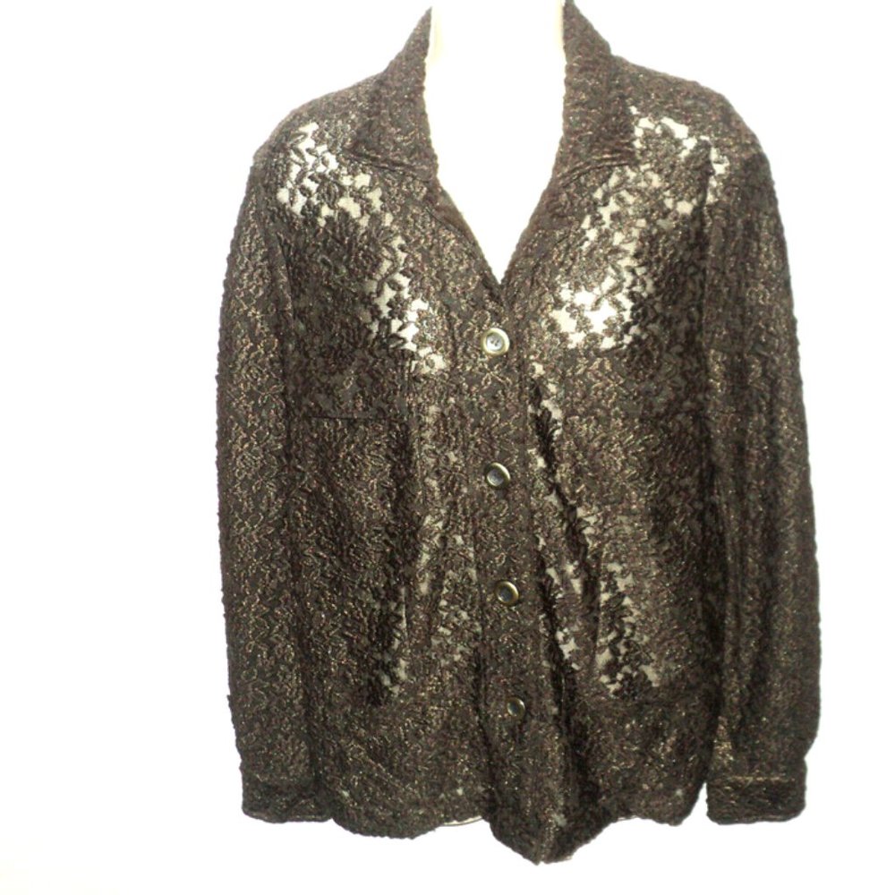 Chico's Size 2 Large Jacket Brown-Gold Floral Nubby on Lace Front Buttoned